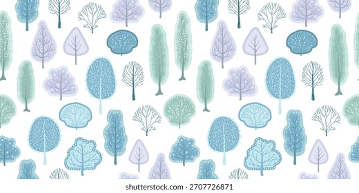 Bosque Abstractas De Invierno Pintado En Estilo Doodle. Patrón sin fisuras con árboles caducifolios de nieve. Fondo Horizontal de Vector para postales, volantes, Anuncios, papel y textil
