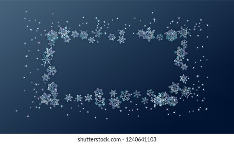 Winter abstract frame composed of shiny snowflakes and stars. Christmas and New Year vector decorative blue background with ice crystal snowflakes