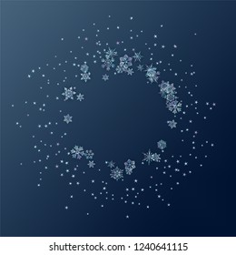 Winter abstract frame composed of shiny snowflakes and stars. Christmas and New Year vector decorative blue background with ice crystal snowflakes