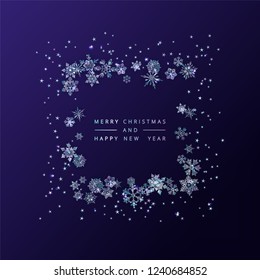 Marco abstracto invernal compuesto por brillantes copos de nieve y estrellas. Vector de Navidad y Año Nuevo fondo azul decorativo con copos de nieve de cristal de hielo