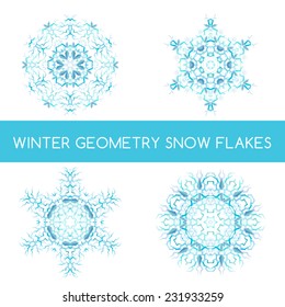 Winter abstract geometry crystal structure snowflakes vector illustration set