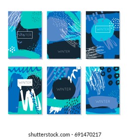 Winter Abstract. Hand Drawn artistic background textures and brush. Postcard, printed matter, greeting card, card template. Flat design. Vector templates.
