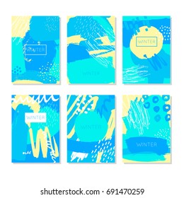 Winter Abstract. Hand Drawn artistic background textures and brush. Postcard, printed matter, greeting card, card template. Flat design. Vector templates.