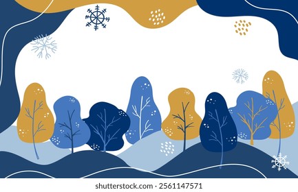 Winter abstract ibackground with snowflakes and trees in warm tones. For seasonal greeting cards, banners, or social media graphics.