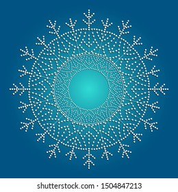 Winter abstract illustration with white snowflake on blue background.  Merry Christmas and New year frame. Template design for invitation, poster, card.