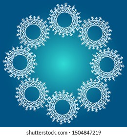 Winter abstract illustration with white snowflake on blue background.  Merry Christmas and New year frame. Template design for invitation, poster, card.