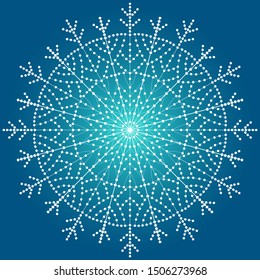 Winter abstract illustration with white snowflake on blue background.  Merry Christmas and New year frame. Template design for invitation, poster, card.