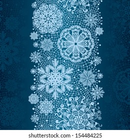 Winter abstract lace from snowflakes.The abstract lace strip for decoration. Winter theme, holidays. Template frame design for card. Lace Doily. Can be used for packaging, invitations, and template. 