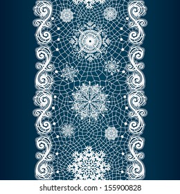 Winter abstract lace from snowflakes.The abstract lace strip for decoration. Winter theme, holidays. Template frame design for card. Lace Doily. Can be used for packaging, invitations, and template. 