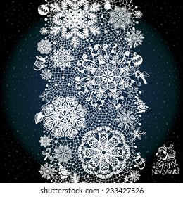 Winter abstract lace from snowflakes.The abstract lace strip for decoration. Winter theme, holidays. Template frame design for card. Lace Doily. Can be used for packaging, invitations, and template.