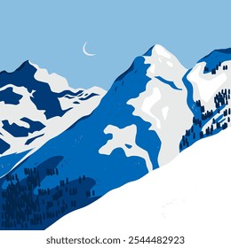 Winter abstract Landscape. Blue sky, snowy mountains, hills, terrain, trees, horizon. Flat design. Nature, tourism, travel concept. Hand drawn trendy Vector illustration. Wallpaper, card, poster