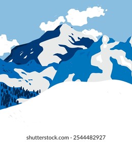 Winter abstract Landscape. Blue sky, snowy mountains, hills, terrain, trees, horizon. Flat design. Nature, tourism, travel concept. Hand drawn trendy Vector illustration. Wallpaper, card, poster