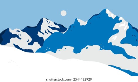 Winter abstract Landscape. Blue sky, snowy mountains, hills, terrain, trees, horizon. Flat design. Nature, tourism, travel concept. Hand drawn trendy Vector illustration. Wallpaper, card, poster