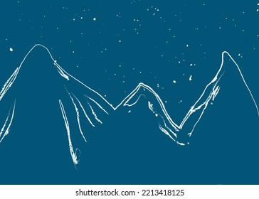 Winter abstract landscape with mountain peaks. Winter background in blue tones. Night outline of mountains with falling snow. Modern style.