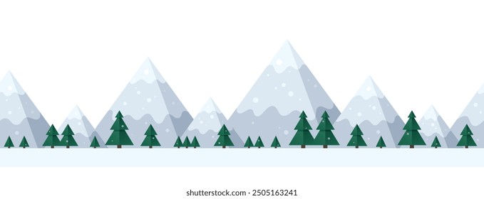 Paisaje abstracto de invierno con montañas y árboles. Fondo geométrico Horizontal sin fisuras con la naturaleza. Frontera de paisaje en estilo escandinavo, ilustración plana de dibujos animados de Vector