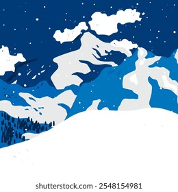 Winter abstract Landscape. Night sky, snowy mountains, hills, terrain, trees, horizon. Flat design. Nature, tourism, travel concept. Hand drawn trendy Vector illustration. Wallpaper, card, poster