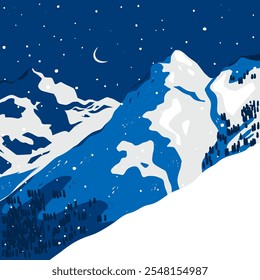 Winter abstract Landscape. Night sky, snowy mountains, hills, terrain, trees, horizon. Flat design. Nature, tourism, travel concept. Hand drawn trendy Vector illustration. Wallpaper, card, poster