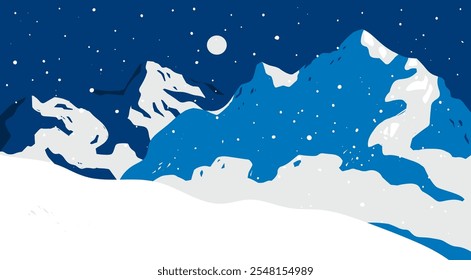 Winter abstract Landscape. Night sky, snowy mountains, hills, terrain, trees, horizon. Flat design. Nature, tourism, travel concept. Hand drawn trendy Vector illustration. Wallpaper, card, poster