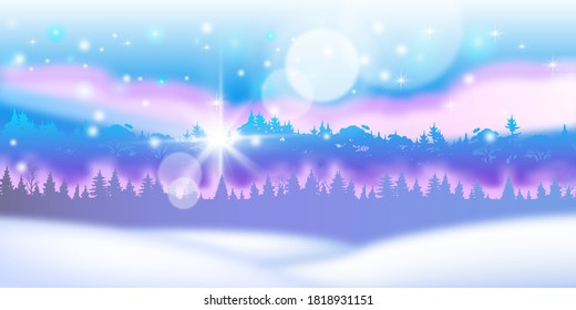 Winter abstract landscape with north forest outline, sky, shining stars, snow drifts. Christmas vector holiday background with pine trees silhouettes, flares. Winter horizontal minimal landscape 