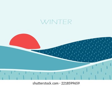 Winter abstract landscape with snowdrifts and red sun. Winter background in blue tones at sunset. Bright illustration with texture. Modern style.