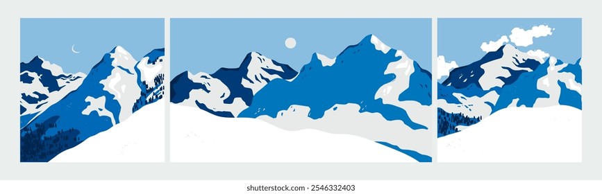 Winter abstract Landscapes set. Blue sky, snowy mountains, hills, terrain, trees, horizon. Flat design. Nature, tourism, travel concept. Hand drawn trendy Vector illustration. Wallpaper, card, poster