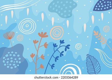 Winter abstract Memphis flower background. Organic autumn pattern. Kids texture. Pastel blue backdrop. Spots and floral elements. Minimal circles. Plant leaves. Vector trendy illustration