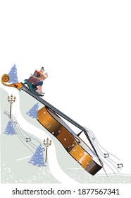 Winter abstract musical design with a guitar and a couple on the sledge. Hand drawn vector illustration.