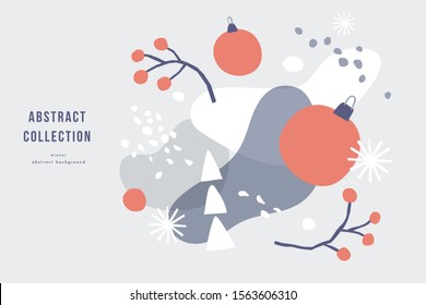 Winter abstract pattern. A collection of chaotic spots with natural colorful shapes. Trendy graphic elements for design of invitation, banner, postcard, flyer or poster. Vector illustration.