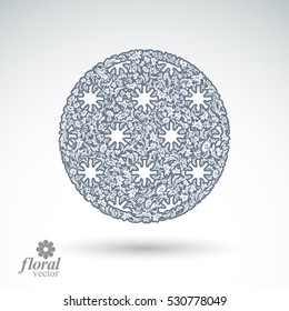 Winter abstract round object with beautiful snowflakes, vector weather forecast conceptual pictogram. Flower-patterned graphic season icon, design image. 