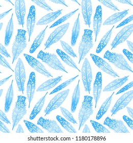 Winter Abstract seamless pattern. Feather with curls hand drawing. Vector white illustration isolated on white background.