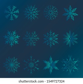 Winter abstract set with blue gradient snowflakes on white background. Merry Christmas and New year Vector. Template design for invitation, poster, card. Flat icons.