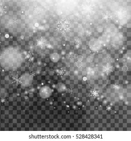  Winter Abstract snowflakes.  Falling snow effect with blurred bokeh isolated on transparent background.  Vector illustration. 