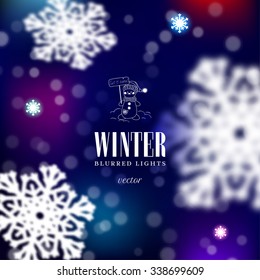 Winter abstract vector illustration with dark blurred background. Snowfall and Cartoon snowmen and lettering. Christmas and New Year theme.