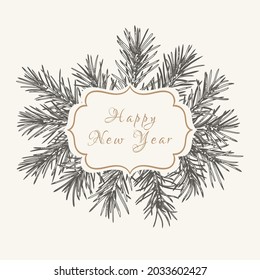 Winter abstract vintage card with patterned frame. Сhristmas card. Black and White background and golden greeting.