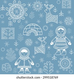 Winter abstract wallpaper with Eskimo, trees and igloo