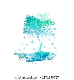Winter abstract watercolor tree with falling snowflakes