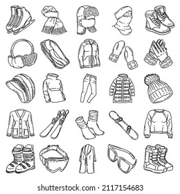 Winter Accessories and Activities for Women Hand Drawn Set Icon Vector.