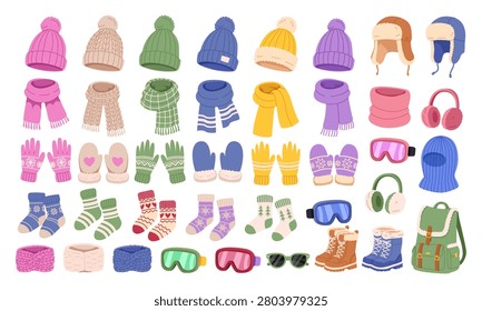 Winter Accessories Collection Vector Set. Hats, Scarves, Mittens, Earmuffs, Socks, Boots and Ski Goggles Isolated on White. Vector Illustration.