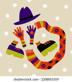 Winter accessories. Fedora hat, striped knitted glovwes and scarf, boots. Vector illustration.