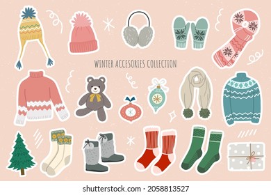 winter accessories illustration collection. seasonal fashion items vector illustration.