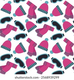 Winter accessories pattern featuring colorful hats and warm clothing items in bold design