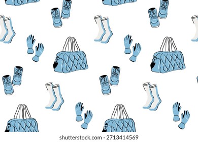 Accesorios de invierno sin patrón con bolsos, guantes, calcetines y botellas aisladas. Vector dibujado a mano para estampados de telas, diseños de embalaje y marca de estilo alpino.