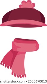 Winter accessories set including a pink scarf with fringes and a maroon hat with a pink pompom, providing warmth and protection during cold weather