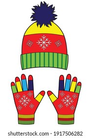 Winter accessories with snowflake. Knitted hat with ponpon and gloves. Vector fashion illustration