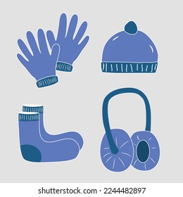 Winter accessories vector illustration, socks, beanie hats, ear warmers and gloves