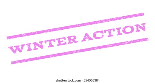Winter Action watermark stamp. Text tag between parallel lines with grunge design style. Rubber seal stamp with dust texture. Vector violet color ink imprint on a white background.