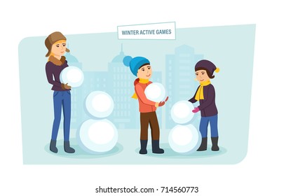 Winter active games concept. Kids playground, amusement park and relax. Small children make a winter snowman, play on the playground. Illustration in cartoon style.
