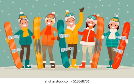 Winter active leisure . A group of people with snowboards and skis. Men and women are engaged in winter sports. Vector illustration in a flat style