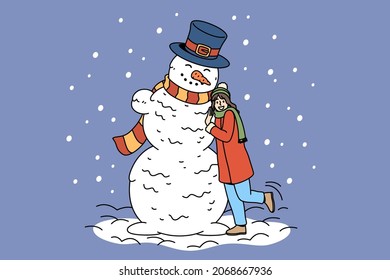 Winter active lifestyle having fun concept. Happy young woman cartoon character standing posing hugging huge snowman having fun vector illustration 