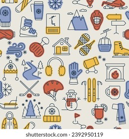 Winter active recreation and extreme sports seamless vector pattern with ski track, snowboard, hockey. Linear icons with color